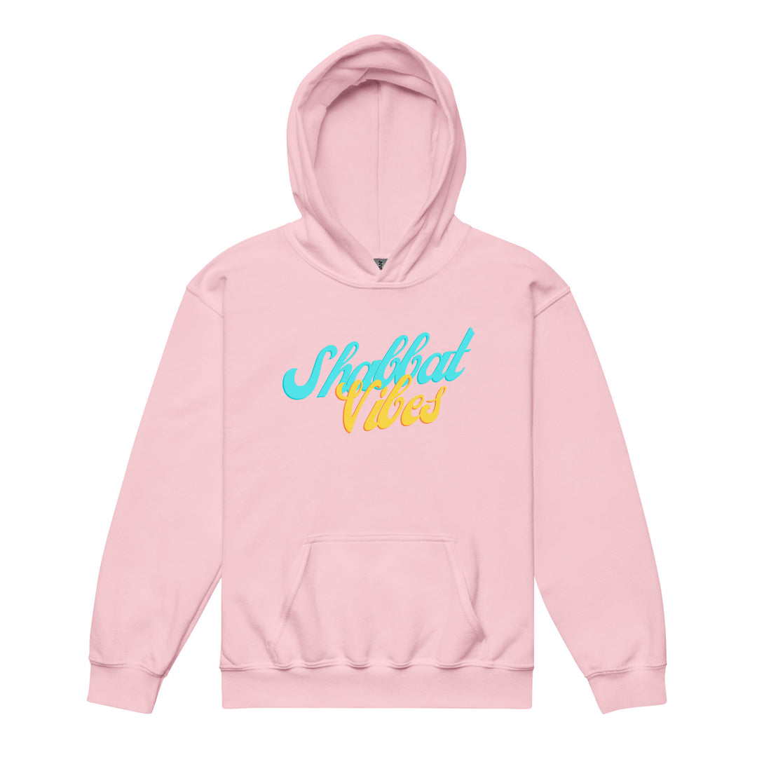 Shabbat Vibes Jewish pride kids heavy blend hoodie in Light Pink - flat lay