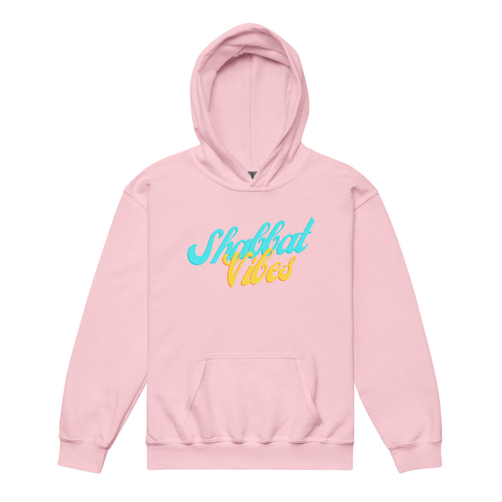 Shabbat Vibes Jewish pride kids heavy blend hoodie in Light Pink - flat lay