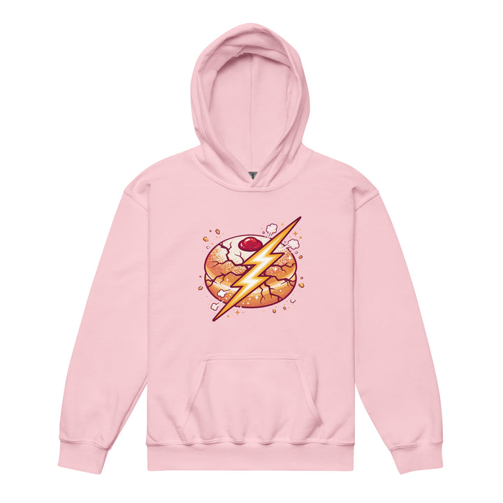 Sufganiyah Lightning Jewish pride kids heavy blend hoodie in Light Pink - lifestyle shot