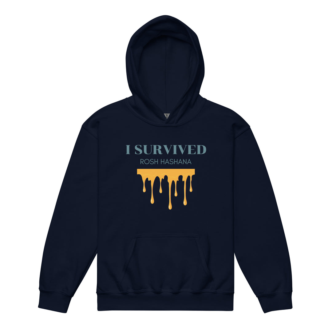 I Survived Rosh HaShana Jewish pride kids heavy blend hoodie in Navy - detail view