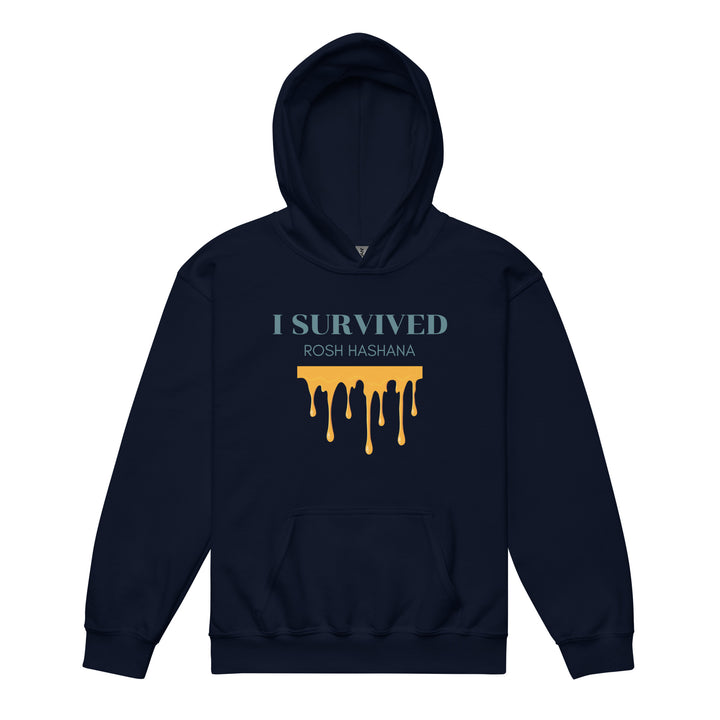 I Survived Rosh HaShana Jewish pride kids heavy blend hoodie in Navy - detail view