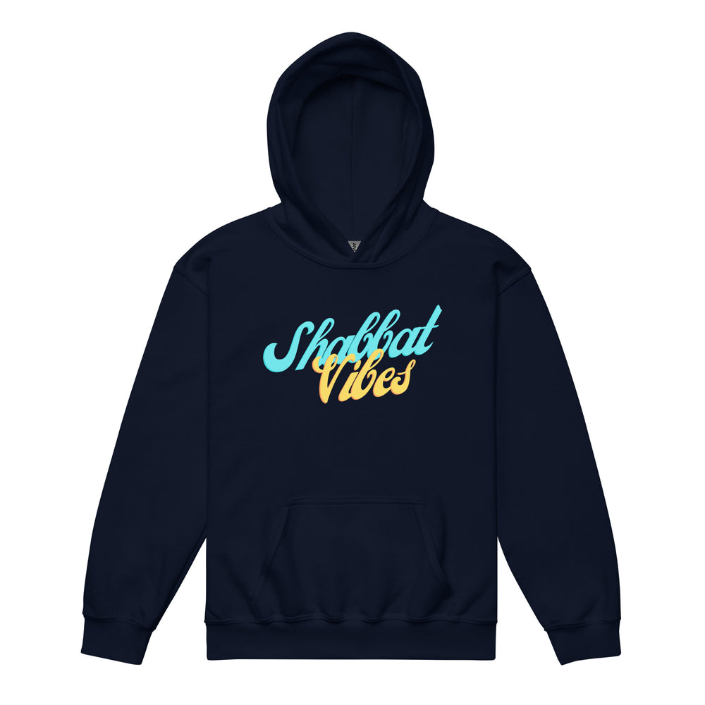 Shabbat Vibes Jewish pride kids heavy blend hoodie in Navy - back view