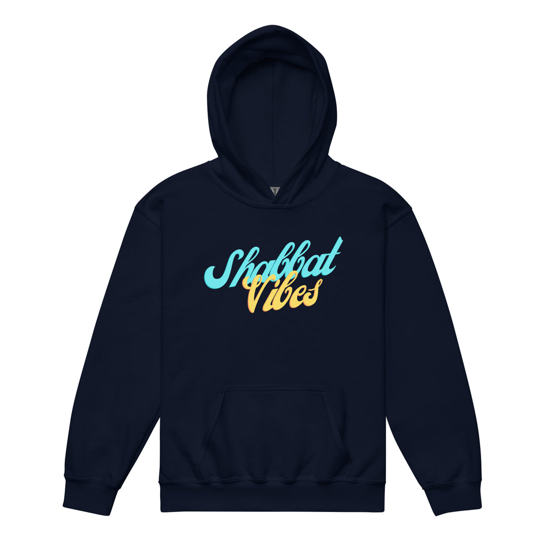 Shabbat Vibes Jewish pride kids heavy blend hoodie in Navy - back view