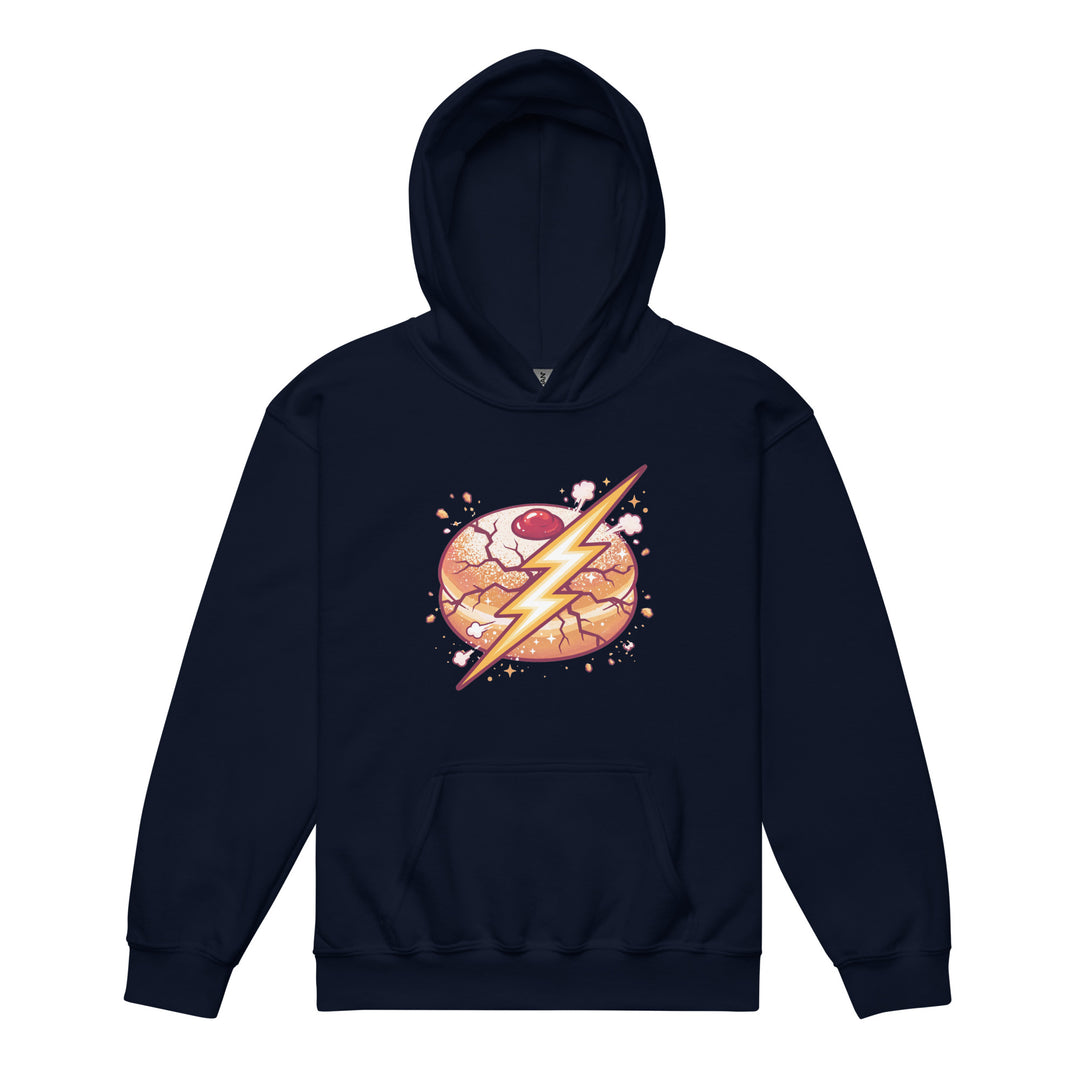 Sufganiyah Lightning Jewish pride kids heavy blend hoodie in Navy - back view