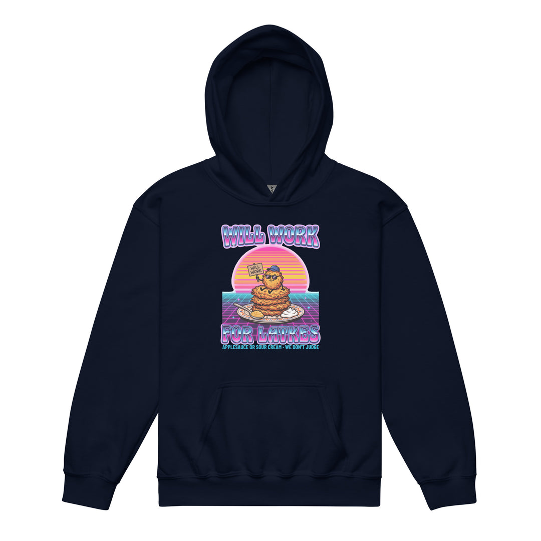 Will Work for Latkes 80s Jewish pride kids heavy blend hoodie in Navy - back view