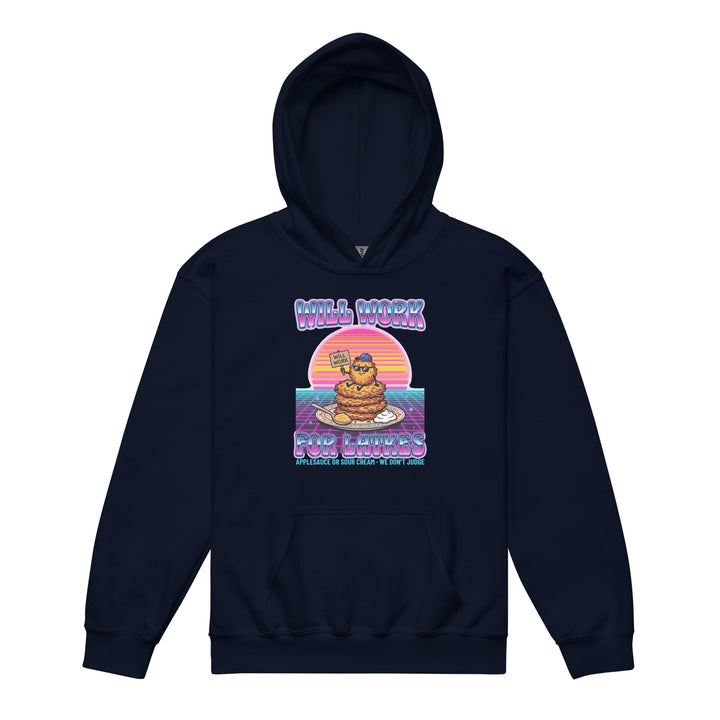 Will Work for Latkes 80s Jewish pride kids heavy blend hoodie in Navy - back view