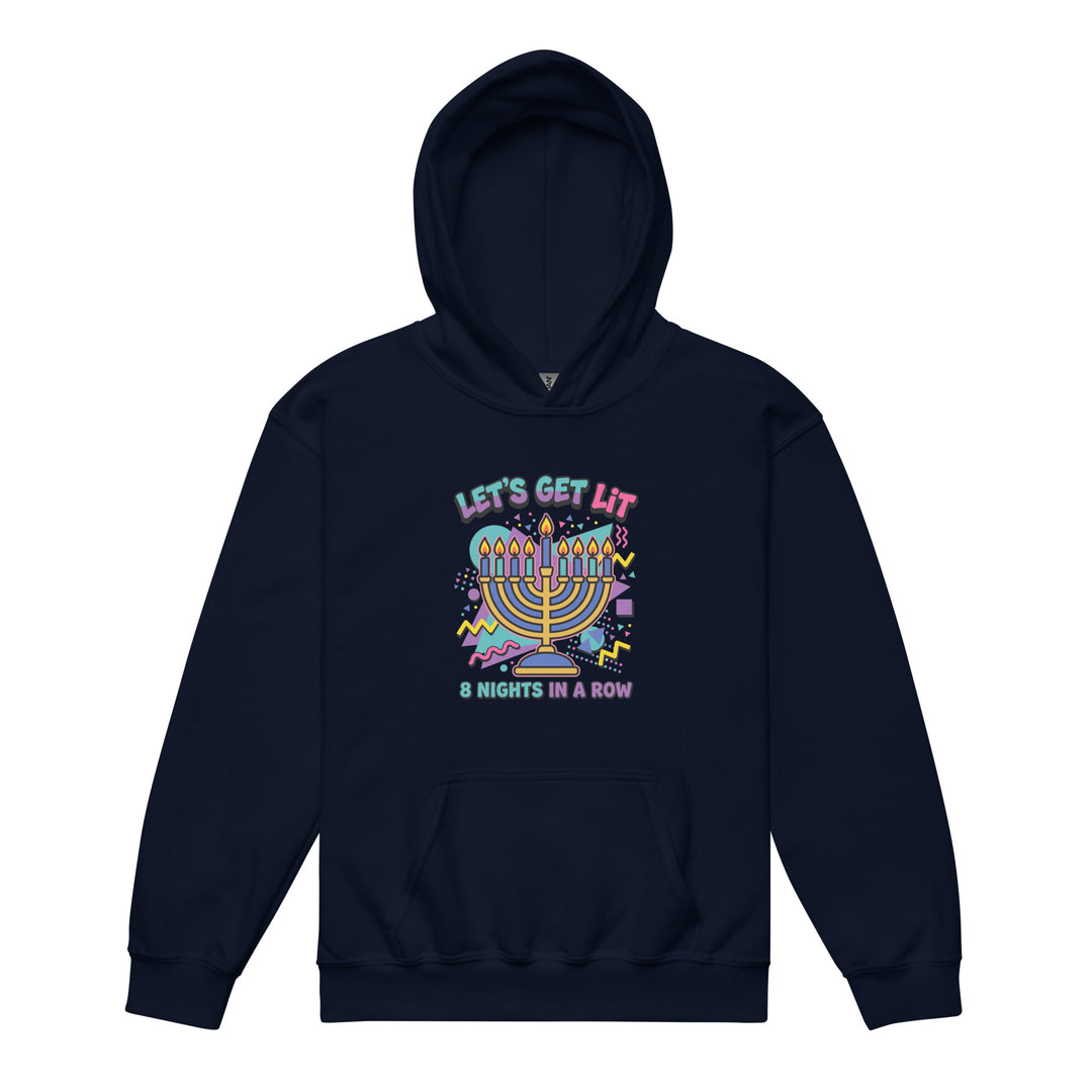 Lets Get Lit 90s Jewish pride kids heavy blend hoodie in Navy - front view