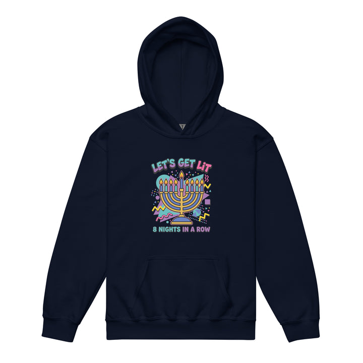 Lets Get Lit 90s Jewish pride kids heavy blend hoodie in Navy - front view