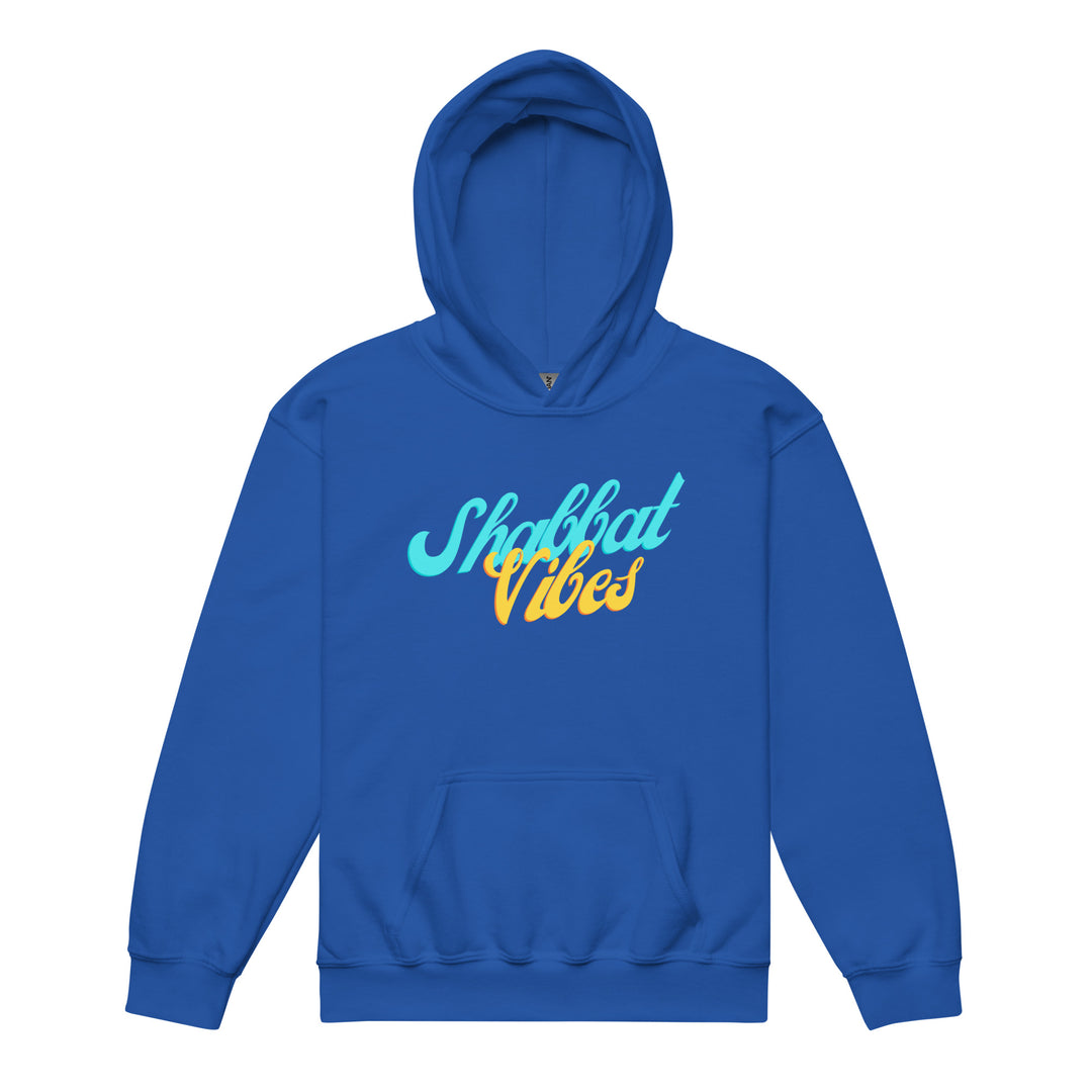 Shabbat Vibes Jewish pride kids heavy blend hoodie in Royal - close-up
