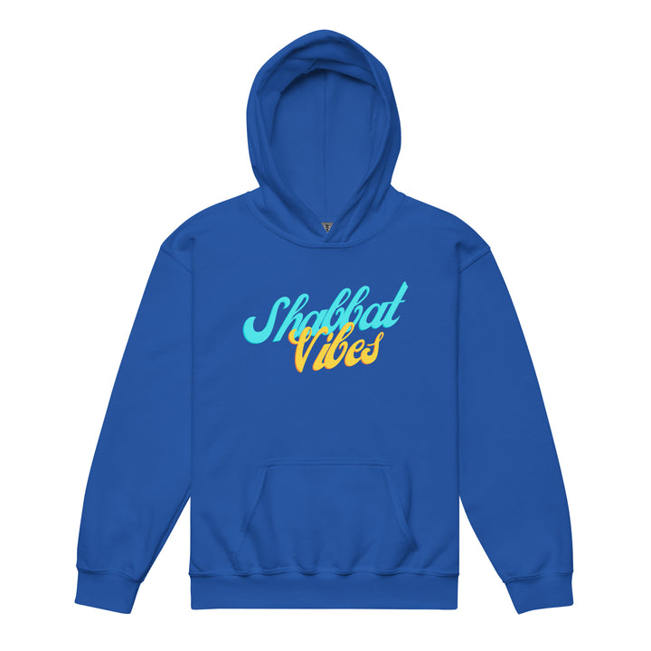 Shabbat Vibes Jewish pride kids heavy blend hoodie in Royal - close-up
