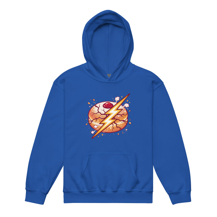 Sufganiyah Lightning Jewish pride kids heavy blend hoodie in Royal - close-up