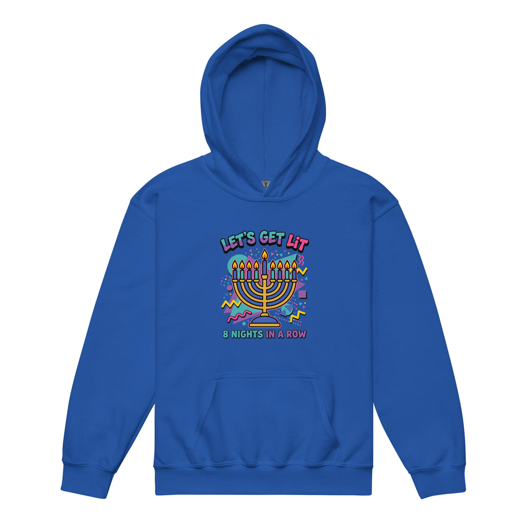 Lets Get Lit 90s Jewish pride kids heavy blend hoodie in Royal - detail view