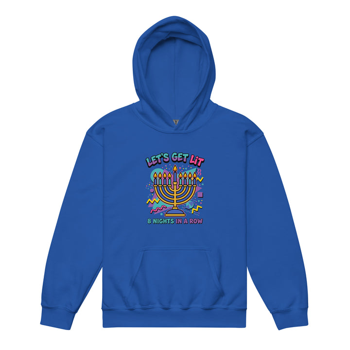 Lets Get Lit 90s Jewish pride kids heavy blend hoodie in Royal - detail view