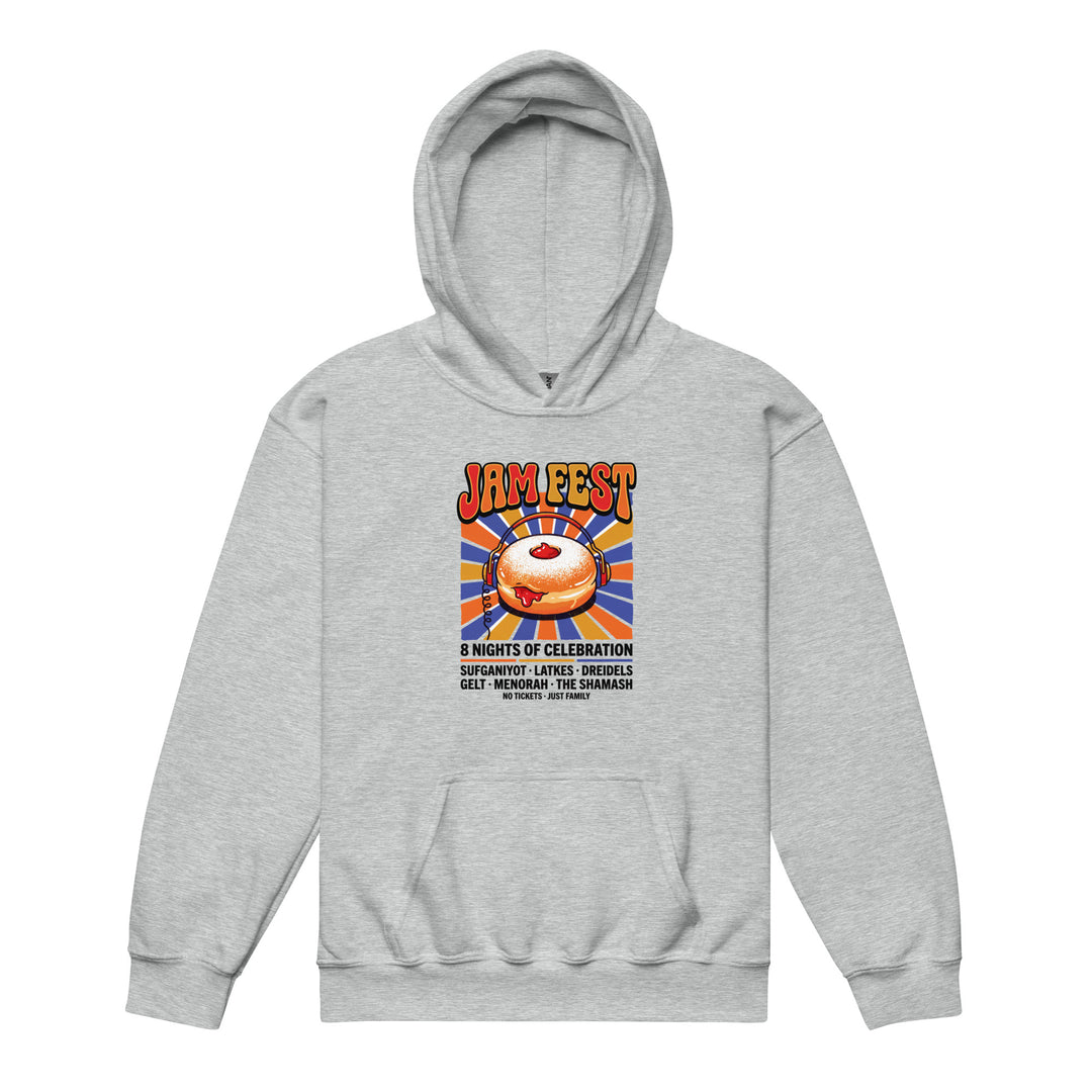Jam Fest 8 Nights Jewish pride kids heavy blend hoodie in Sport Grey - detail view