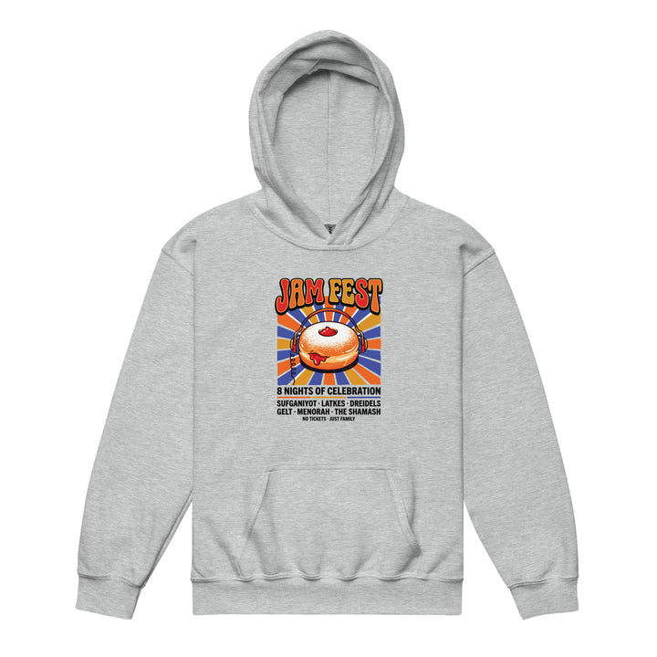 Jam Fest 8 Nights Jewish pride kids heavy blend hoodie in Sport Grey - detail view