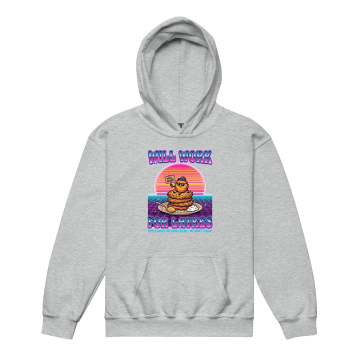 Will Work for Latkes 80s Jewish pride kids heavy blend hoodie in Sport Grey - close-up