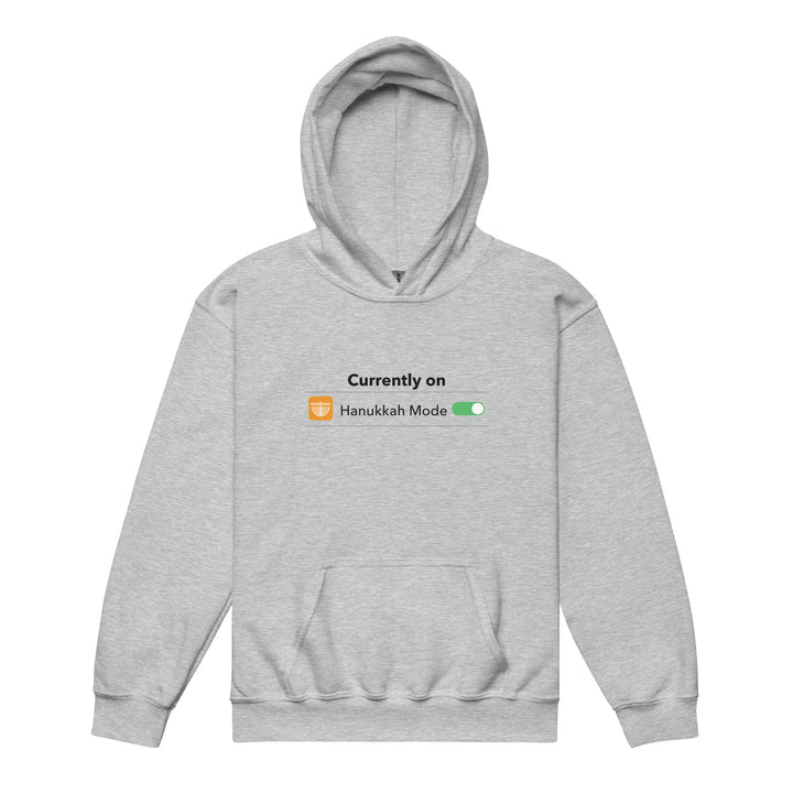 Hanukkah Mode Jewish pride kids heavy blend hoodie in Sport Grey - close-up