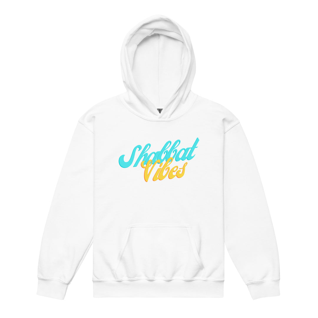 Shabbat Vibes Jewish pride kids heavy blend hoodie in White - side view