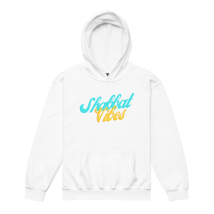 Shabbat Vibes Jewish pride kids heavy blend hoodie in White - side view