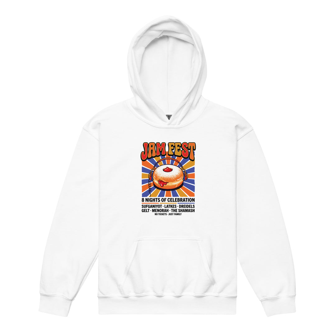 Jam Fest 8 Nights Jewish pride kids heavy blend hoodie in White - close-up