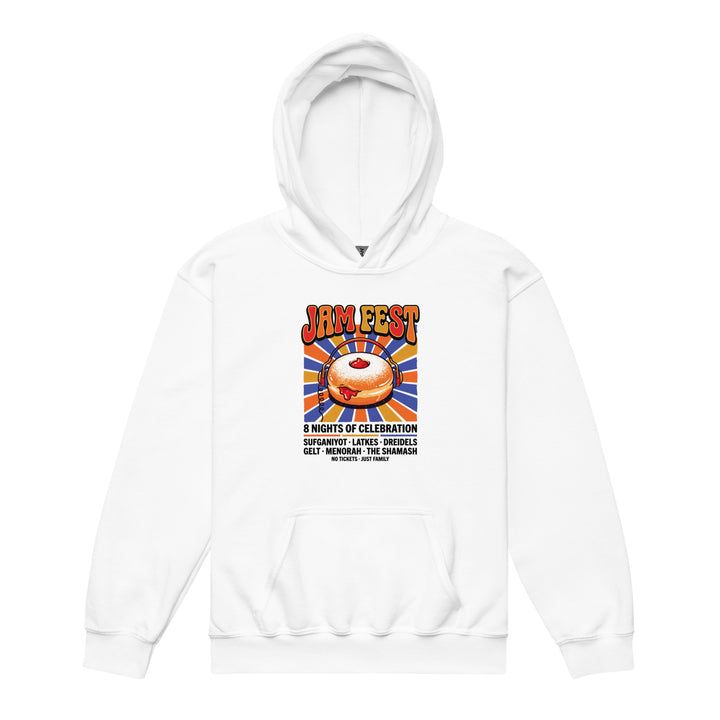 Jam Fest 8 Nights Jewish pride kids heavy blend hoodie in White - close-up