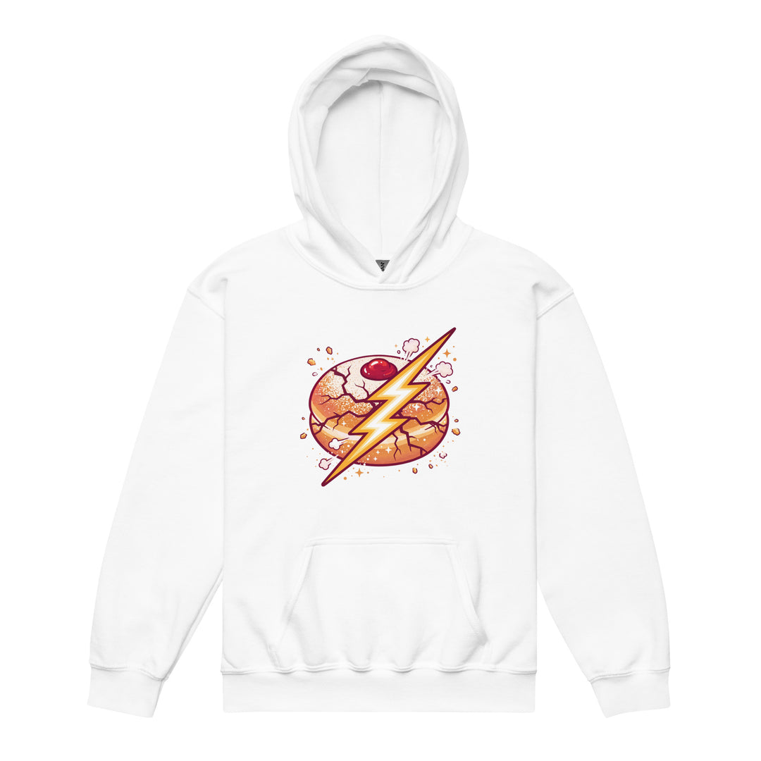 Sufganiyah Lightning Jewish pride kids heavy blend hoodie in White - folded view