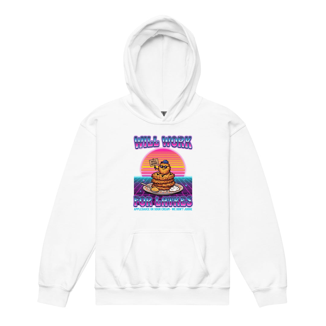 Will Work for Latkes 80s Jewish pride kids heavy blend hoodie in White - flat lay