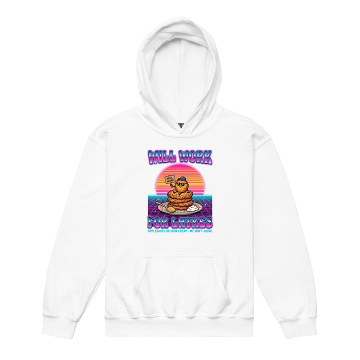 Will Work for Latkes 80s Jewish pride kids heavy blend hoodie in White - flat lay