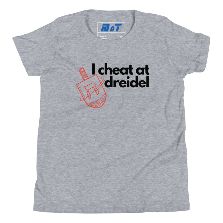 I Cheat At Dreidel Jewish pride kids short sleeve t-shirt in Athletic Heather - flat lay