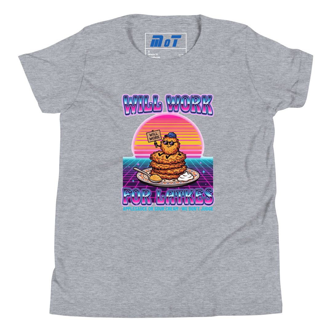 Will Work for Latkes 80s Jewish pride kids short sleeve t-shirt in Athletic Heather - back view