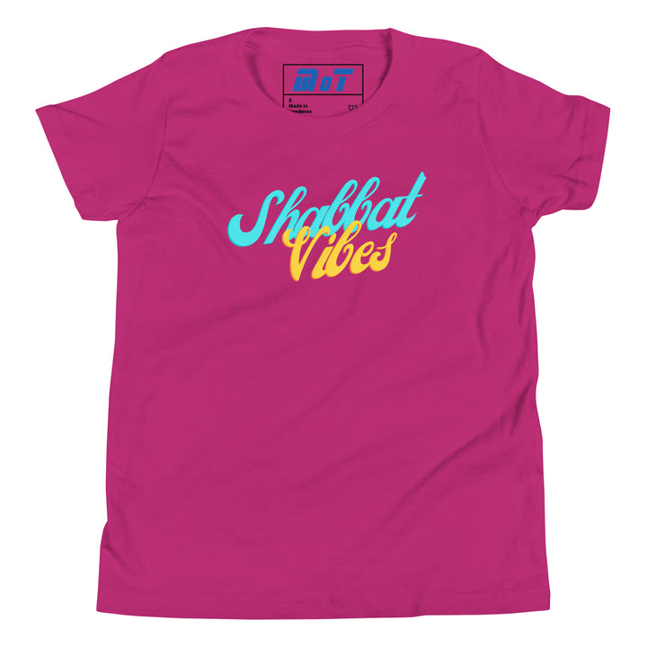 Shabbat Vibes Jewish pride kids short sleeve t-shirt in Berry - lifestyle shot