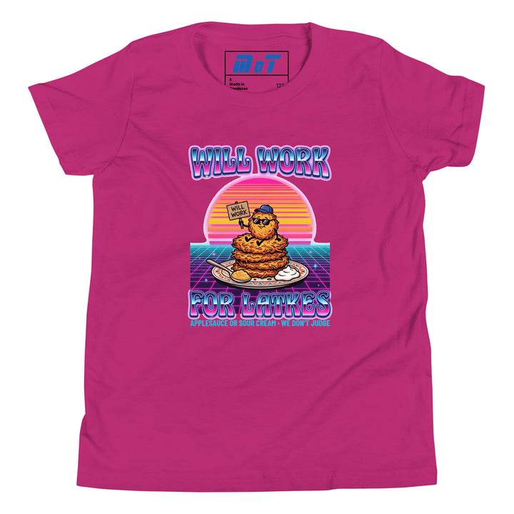 Will Work for Latkes 80s Jewish pride kids short sleeve t-shirt in Berry - side view