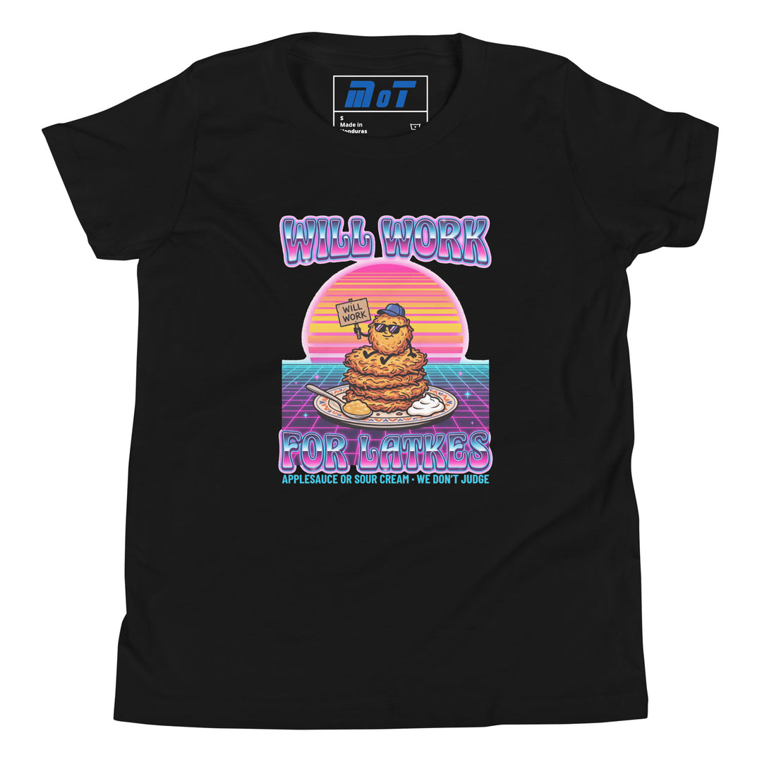 Will Work for Latkes 80s Jewish pride kids short sleeve t-shirt in Black - front view