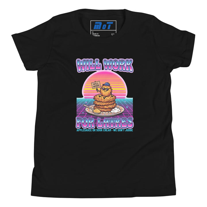 Will Work for Latkes 80s Jewish pride kids short sleeve t-shirt in Black - front view