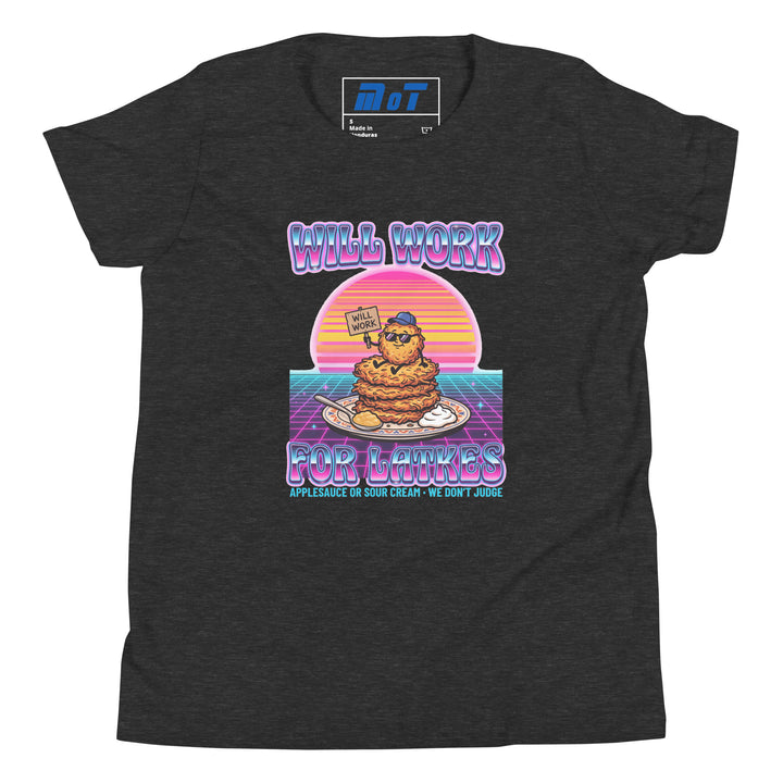 Will Work for Latkes 80s Jewish pride kids short sleeve t-shirt in Dark Grey Heather - flat lay