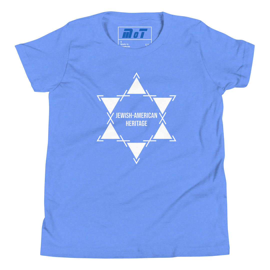 Jewish American Heritage Jewish pride kids short sleeve t-shirt in Heather Columbia Blue - detail view