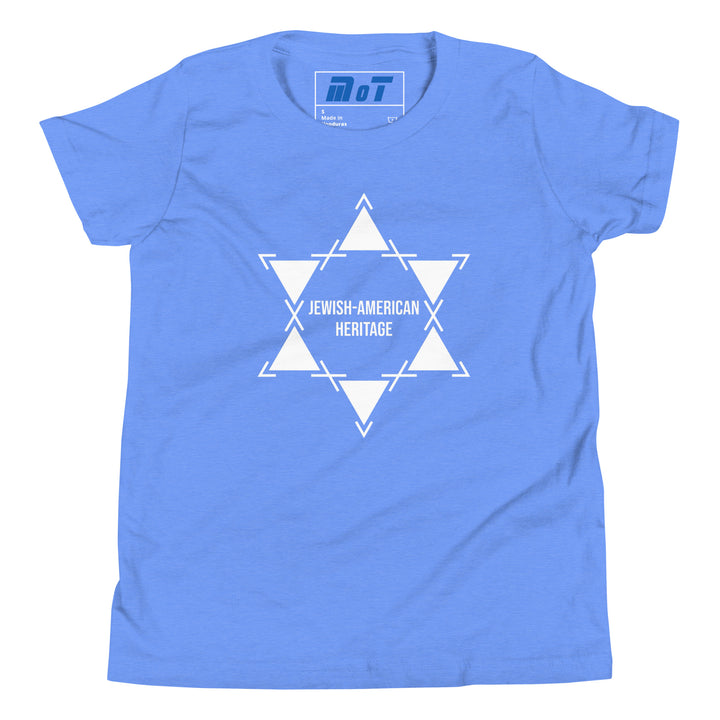 Jewish American Heritage Jewish pride kids short sleeve t-shirt in Heather Columbia Blue - detail view