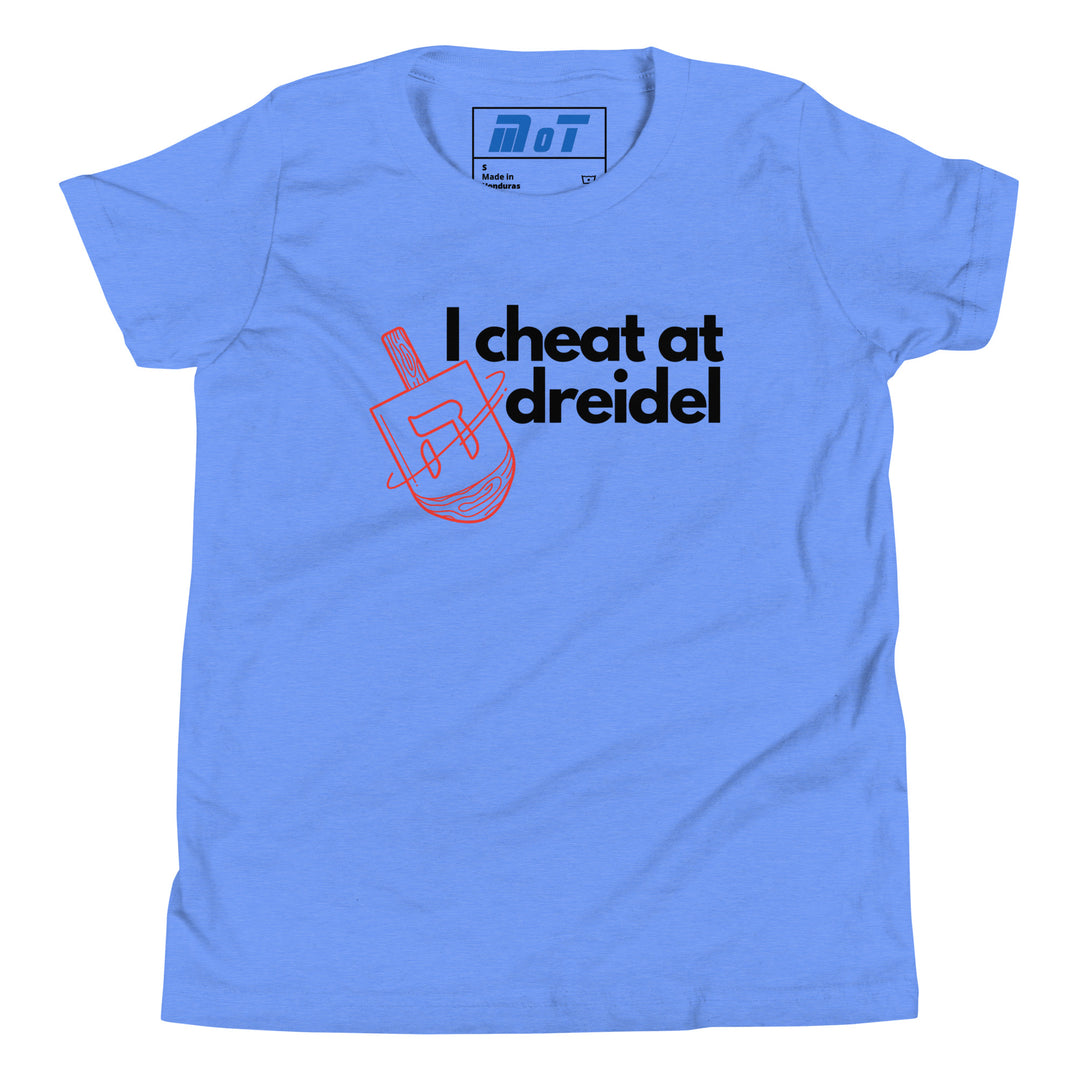 I Cheat At Dreidel Jewish pride kids short sleeve t-shirt in Heather Columbia Blue - front view