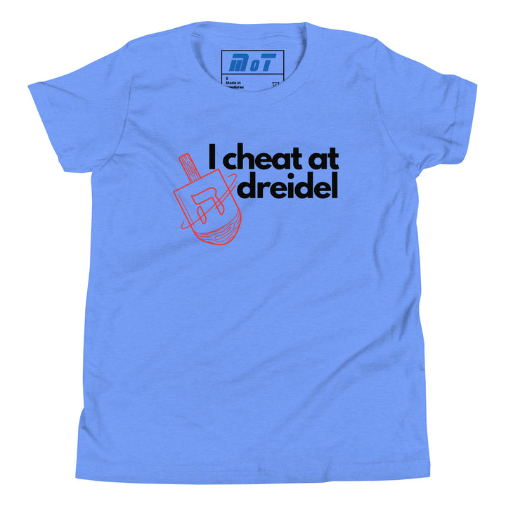 I Cheat At Dreidel Jewish pride kids short sleeve t-shirt in Heather Columbia Blue - front view