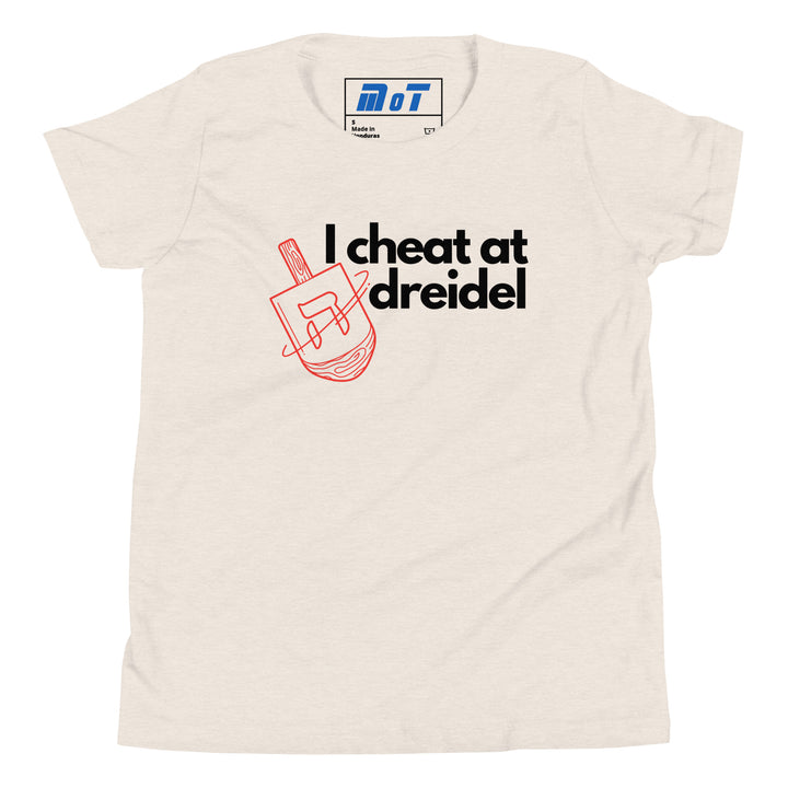 I Cheat At Dreidel Jewish pride kids short sleeve t-shirt in Heather Dust - folded view
