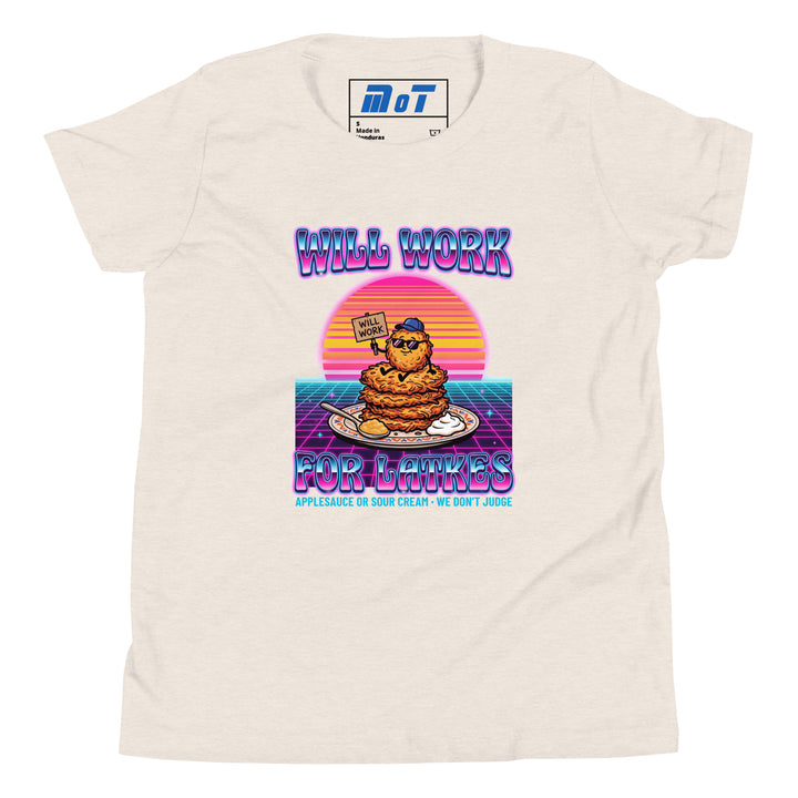 Will Work for Latkes 80s Jewish pride kids short sleeve t-shirt in Heather Dust - flat lay