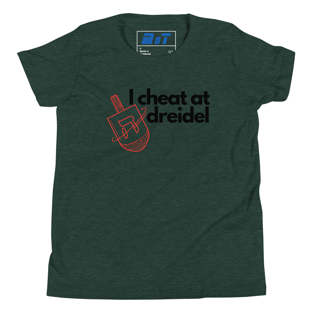 I Cheat At Dreidel Jewish pride kids short sleeve t-shirt in Heather Forest - detail view