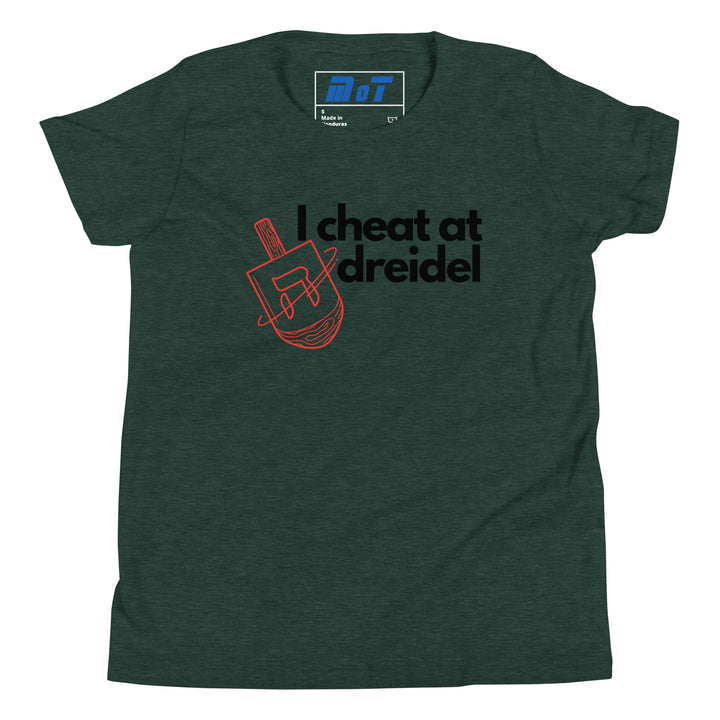 I Cheat At Dreidel Jewish pride kids short sleeve t-shirt in Heather Forest - detail view