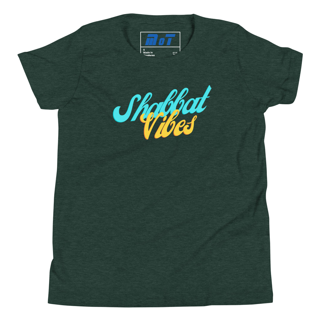 Shabbat Vibes Jewish pride kids short sleeve t-shirt in Heather Forest - side view