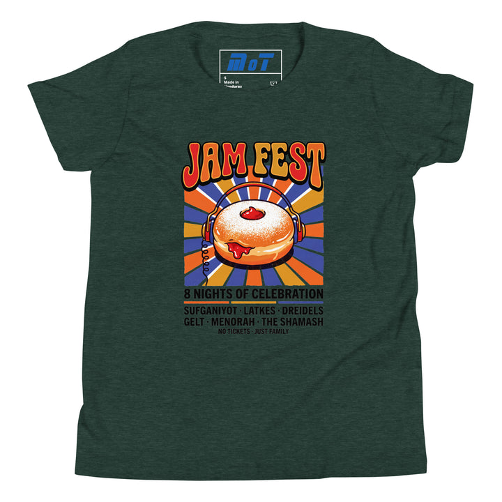 Jam Fest 8 Nights Jewish pride kids short sleeve t-shirt in Heather Forest - close-up