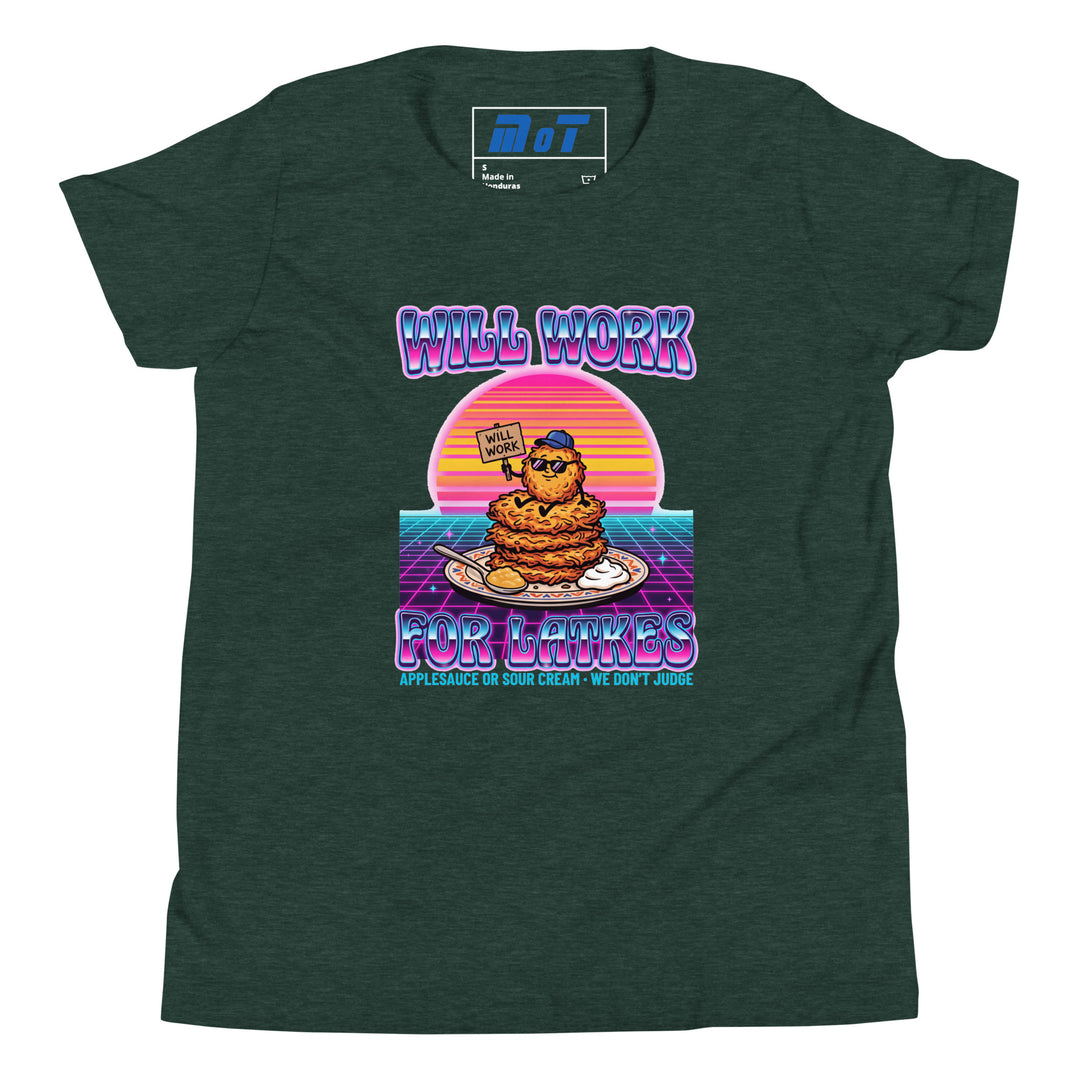 Will Work for Latkes 80s Jewish pride kids short sleeve t-shirt in Heather Forest - folded view