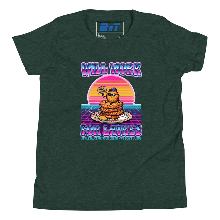 Will Work for Latkes 80s Jewish pride kids short sleeve t-shirt in Heather Forest - folded view