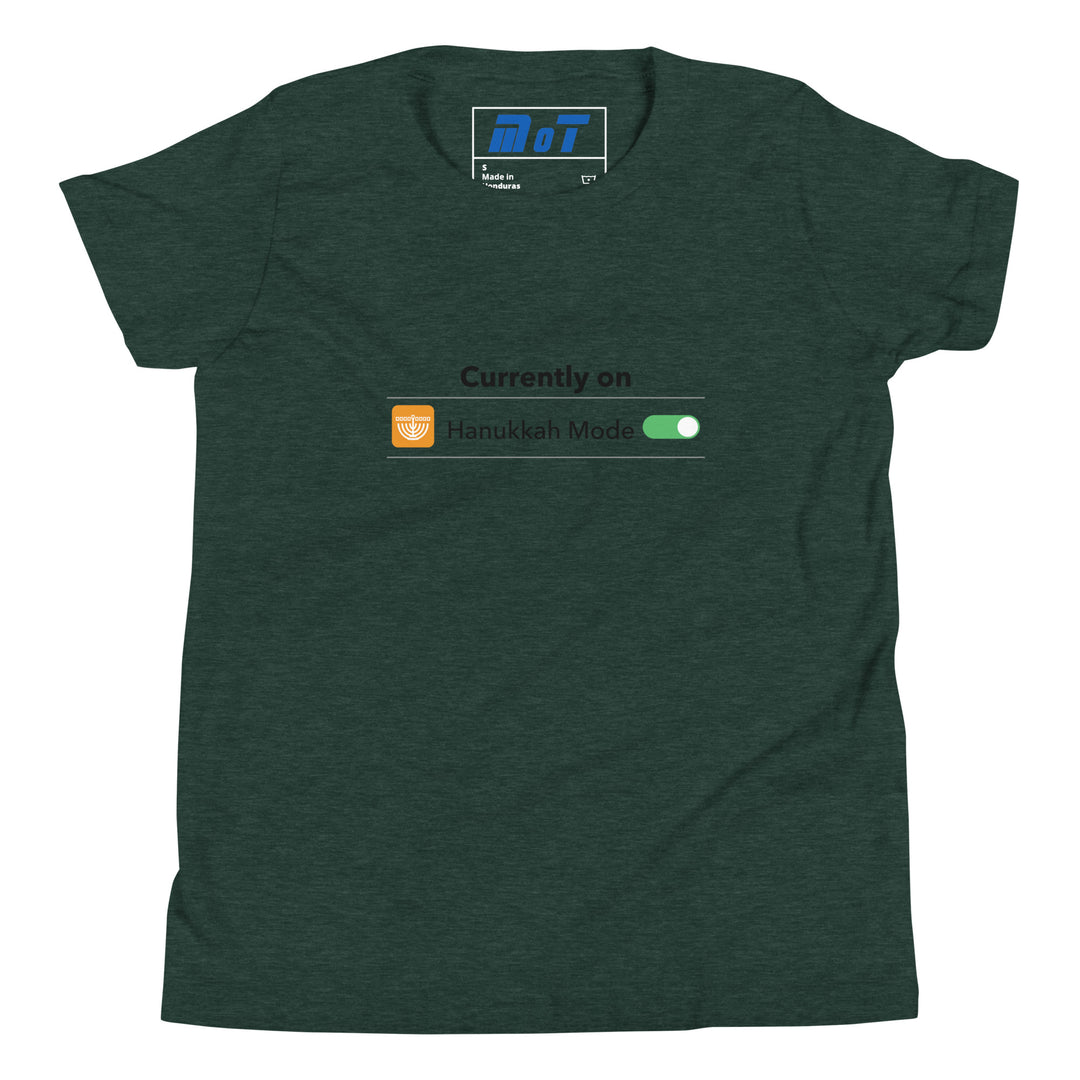 Hanukkah Mode Jewish pride kids short sleeve t-shirt in Heather Forest - flat lay