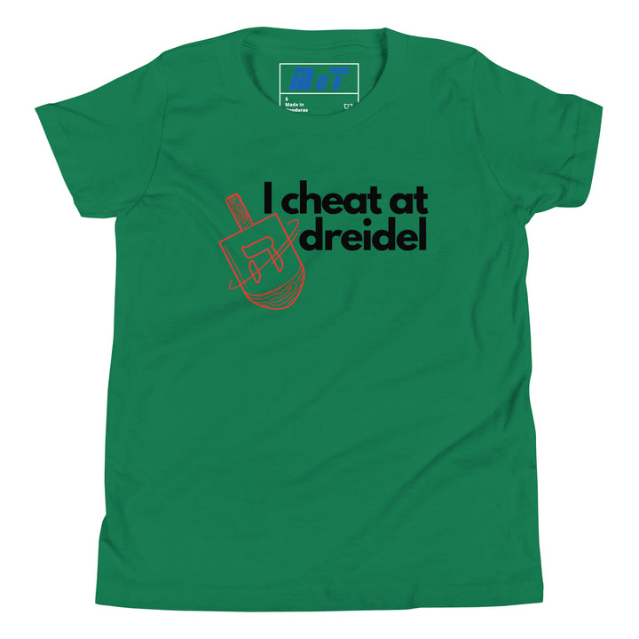 I Cheat At Dreidel Jewish pride kids short sleeve t-shirt in Kelly - close-up