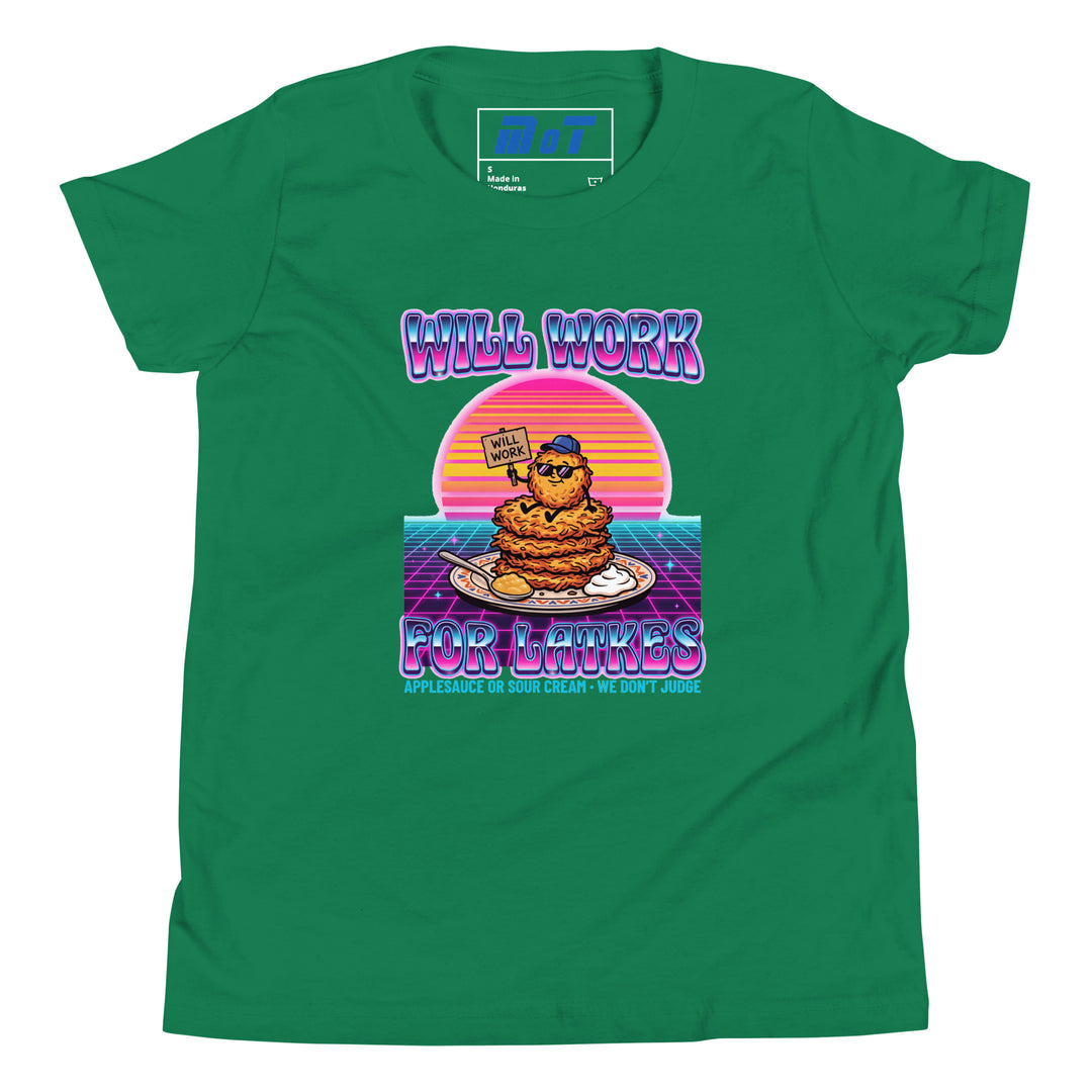 Will Work for Latkes 80s Jewish pride kids short sleeve t-shirt in Kelly - front view